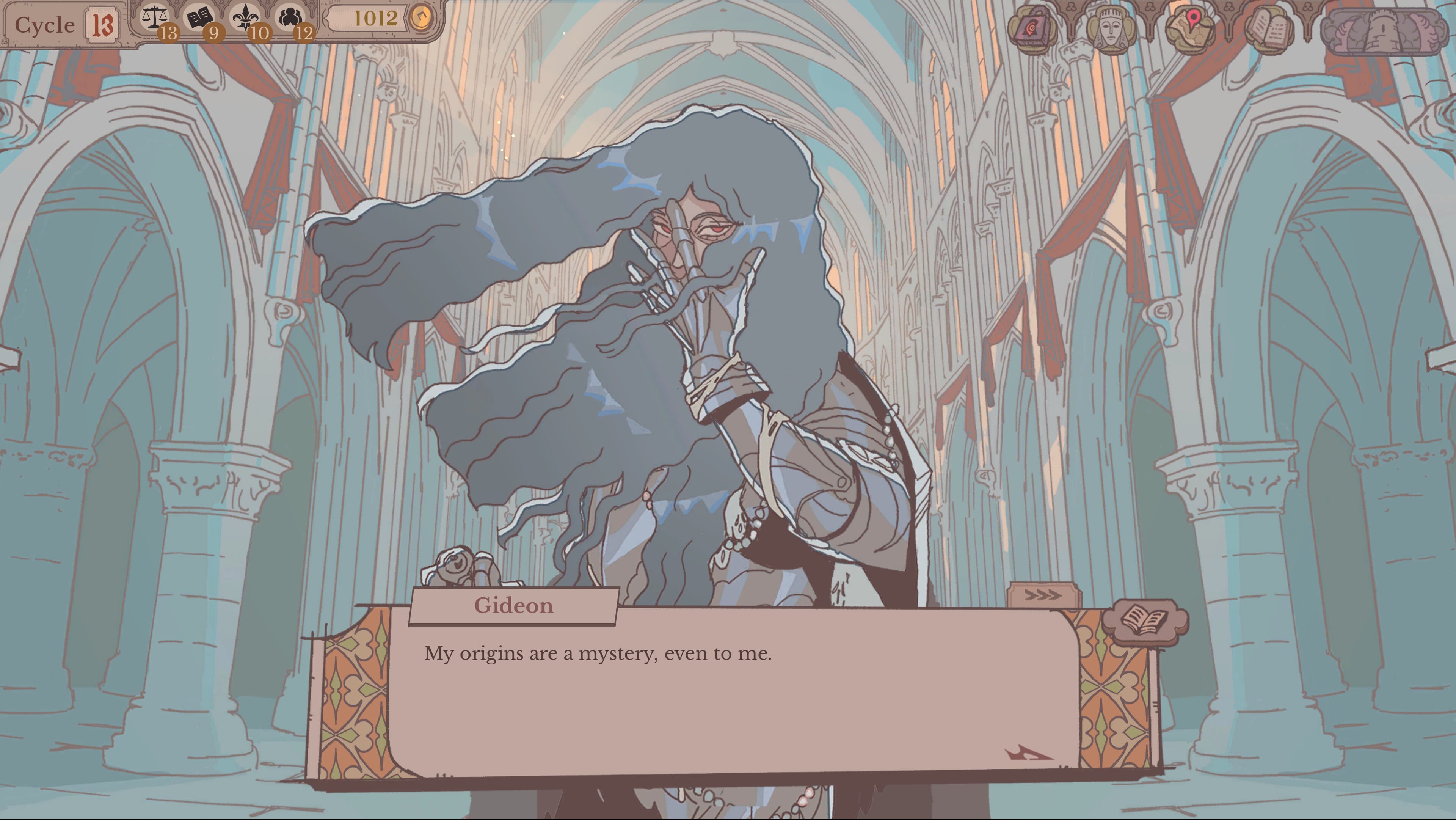 Gideon speaking in a blue-lit hall during a Sovereign Tower scene