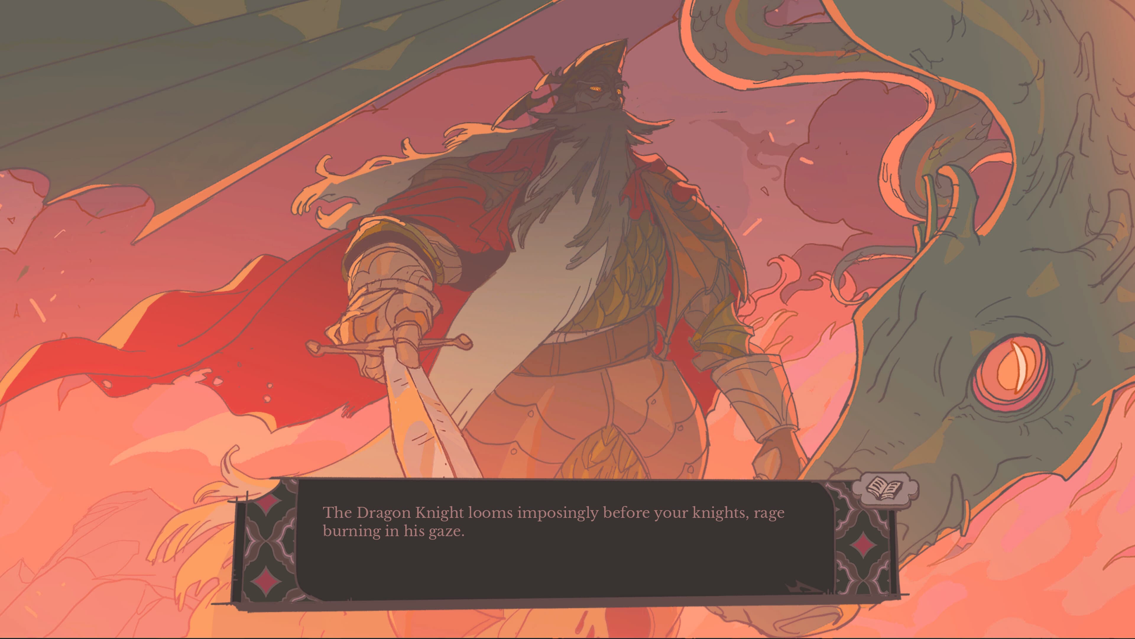 A Sovereign Tower dialogue scene with a relationship-style text panel