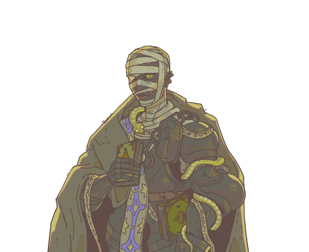 Portrait of Epicrate wearing a hood and dark armour with gold trim